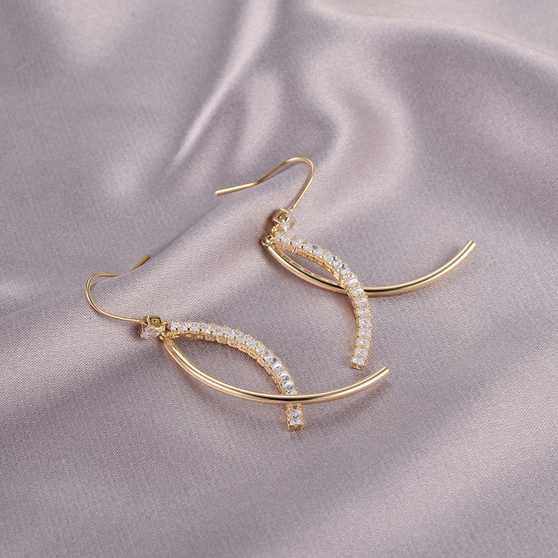 Curved Bar Drop Earrings - Gold Geometric Dangle with Crystal Accents