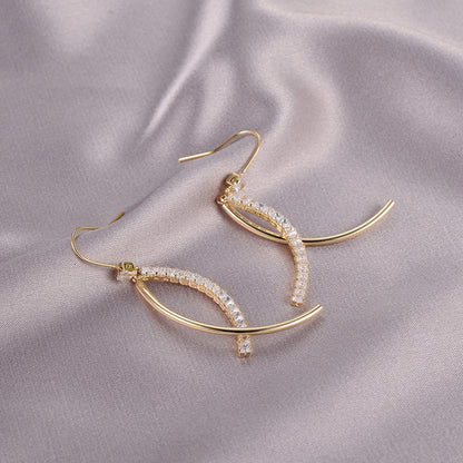 Curved Bar Drop Earrings - Gold Geometric Dangle with Crystal Accents