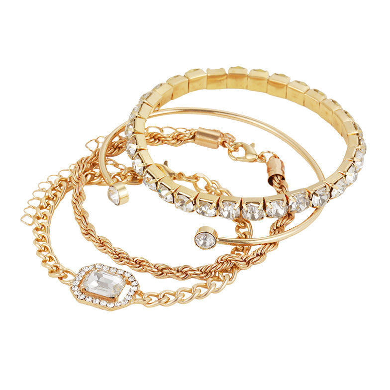 Gold Bracelet Stack Set - 4-Piece Crystal Bangle & Chain Bracelet Set