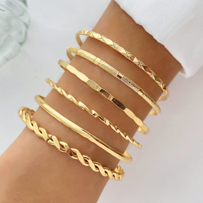 Layered Gold Cuff Set - 6-Piece Bangle Stack with Twisted and Hammered Finishes
