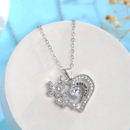 Crystal Heart Butterfly Necklace - "I Love You" Engraved Pendant in 3 Colors