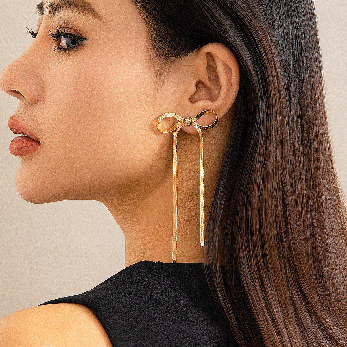 Ribbon Bow Tassel Earrings - 18K Gold Plated Long Chain Drop Earrings
