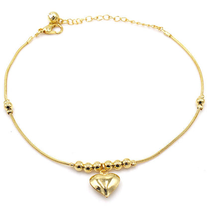 Gold Heart Anklet - Delicate Beaded Chain Anklet with Heart Charm Pendant
