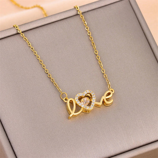 Love Script Necklace - Gold Word Pendant with Crystal Heart Accent