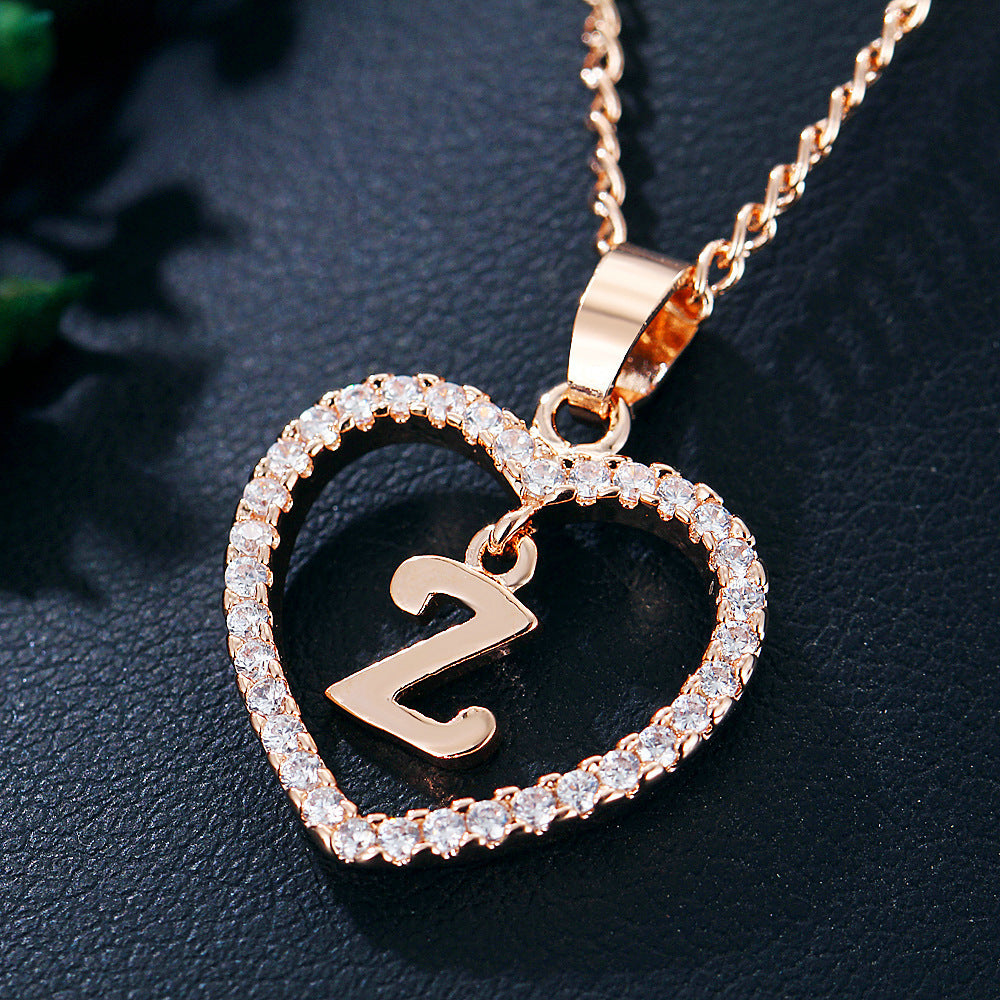 Crystal Heart Initial Necklace - Rose Gold Letter Pendant Necklace with Crystal Border (A-Z)