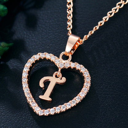 Crystal Heart Initial Necklace - Rose Gold Letter Pendant Necklace with Crystal Border (A-Z)