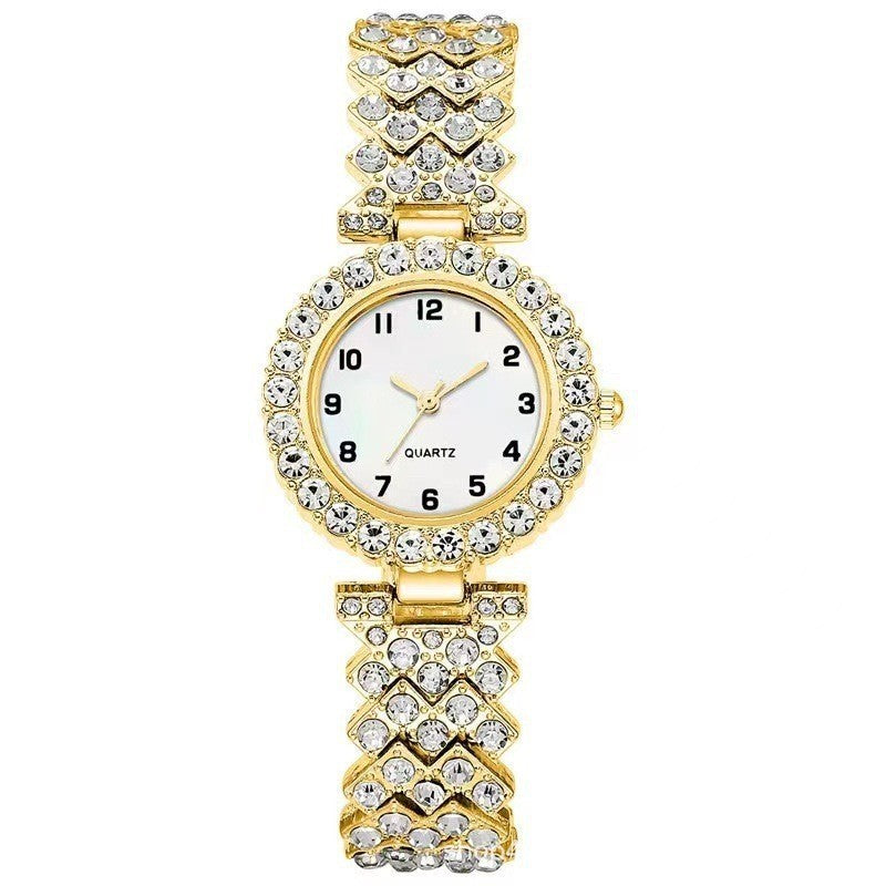 Crystal Watch & Bracelet Set - Pavé Bezel Quartz Watch with Heart Link Bracelet