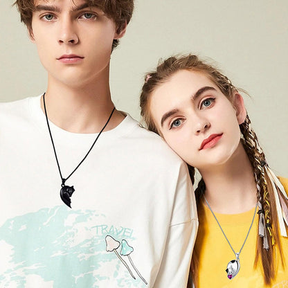 Couple Cat Necklace Set - His & Hers Matching Heart Pendant Necklaces with Crystal