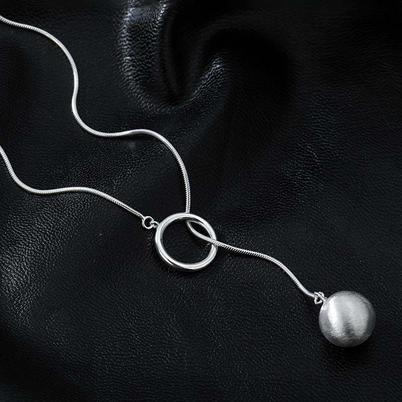 Silver Lariat Necklace - Circle Y-Drop Necklace with Ball Pendant on Snake Chain