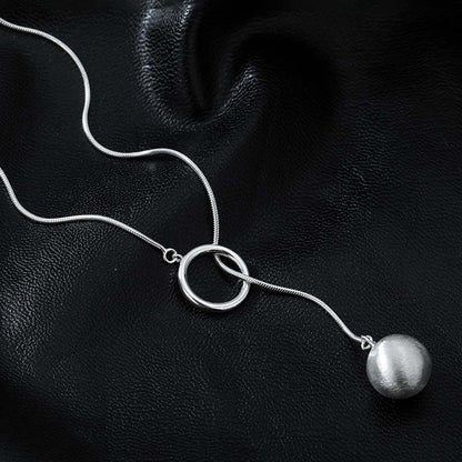 Silver Lariat Necklace - Circle Y-Drop Necklace with Ball Pendant on Snake Chain