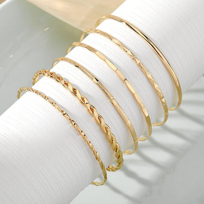 Layered Gold Cuff Set - 6-Piece Bangle Stack with Twisted and Hammered Finishes