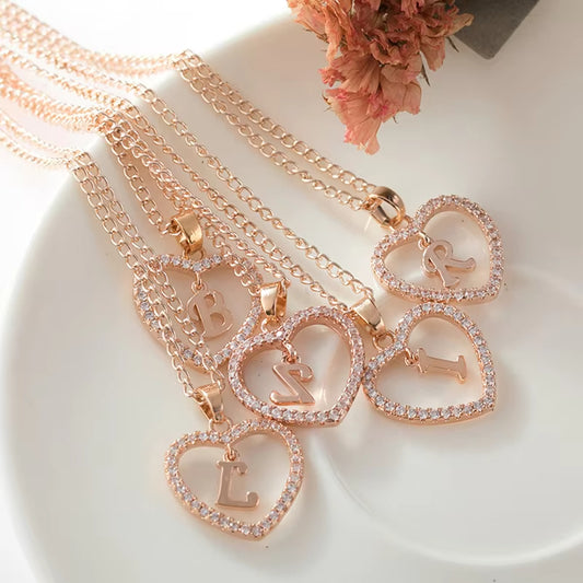 Crystal Heart Initial Necklace - Rose Gold Letter Pendant Necklace with Crystal Border (A-Z)
