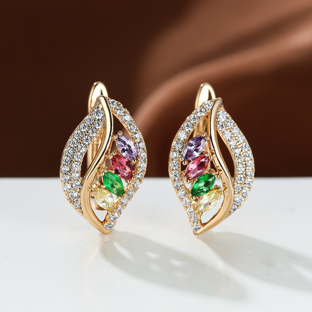 Crystal Leaf Earrings - Gold Hoop-Stud Earrings with Colorful Gemstone Leaf Design