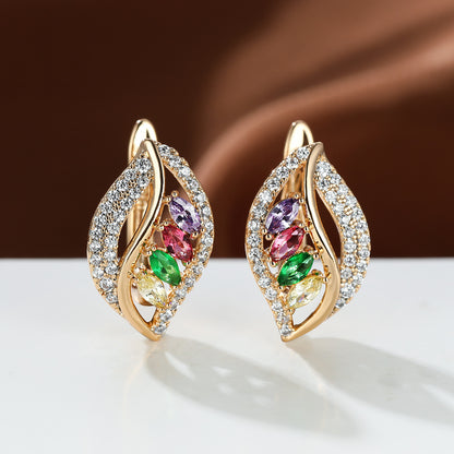 Crystal Leaf Earrings - Gold Hoop-Stud Earrings with Colorful Gemstone Leaf Design