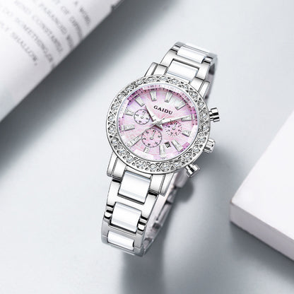 Luxury Crystal Watch - Chronograph Dial Watch with Crystal-Studded Bezel (White, Pink, Blue)