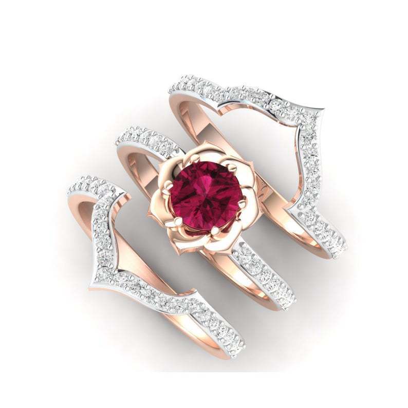 Ruby Halo Ring Set - Rose Gold Multi-Band Ring with Red Crystal Center Stone