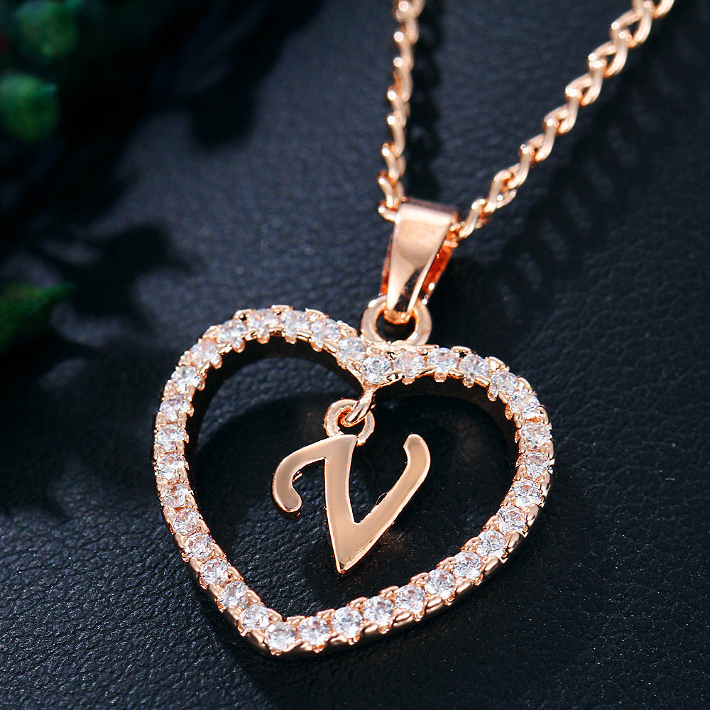 Crystal Heart Initial Necklace - Rose Gold Letter Pendant Necklace with Crystal Border (A-Z)