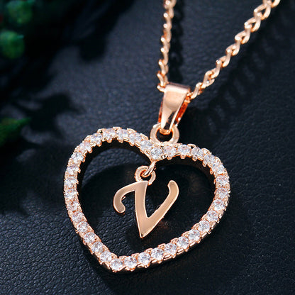 Crystal Heart Initial Necklace - Rose Gold Letter Pendant Necklace with Crystal Border (A-Z)
