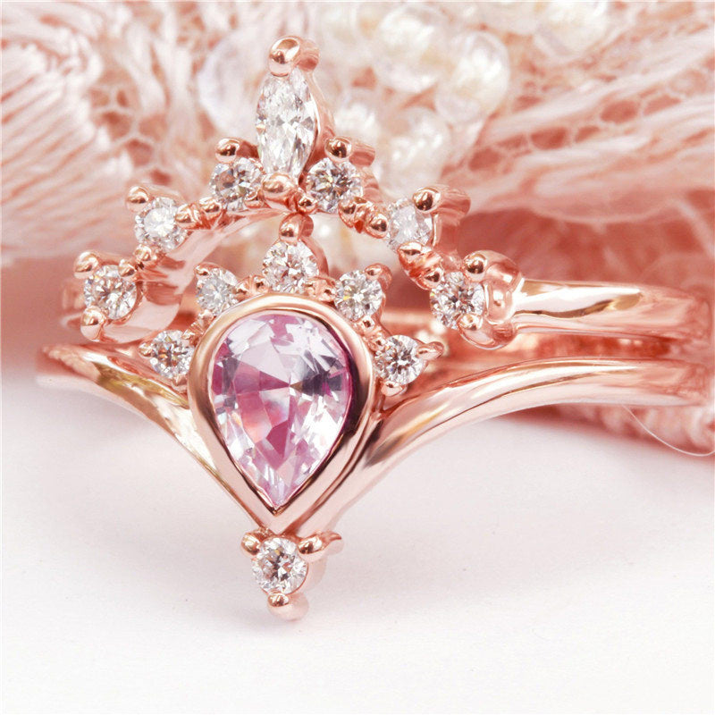 Princess Crown Ring Set - Rose Gold Pink Crystal Tiara Ring