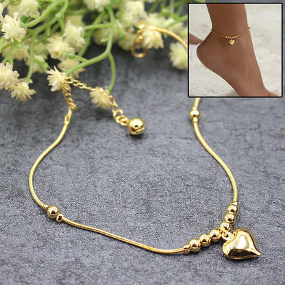 Gold Heart Anklet - Delicate Beaded Chain Anklet with Heart Charm Pendant