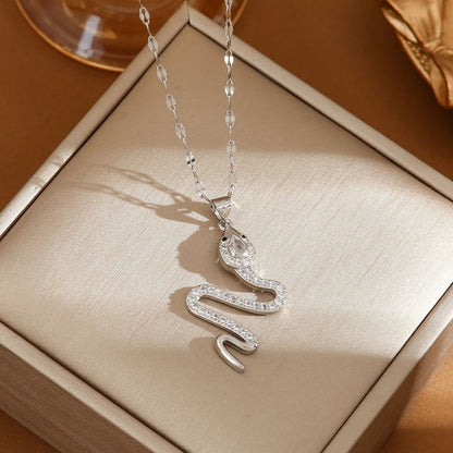 Crystal Snake Necklace - Titanium Steel Serpent Pendant with Pavé Stones in Gold or Silver