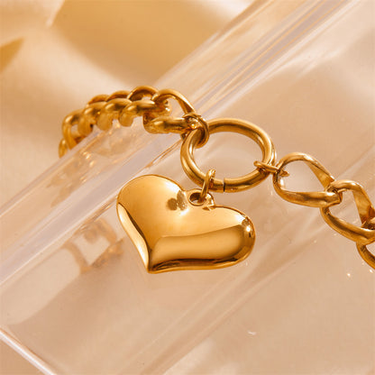 Chunky Chain Bracelet - Gold Curb Link with Puffed Heart Charm