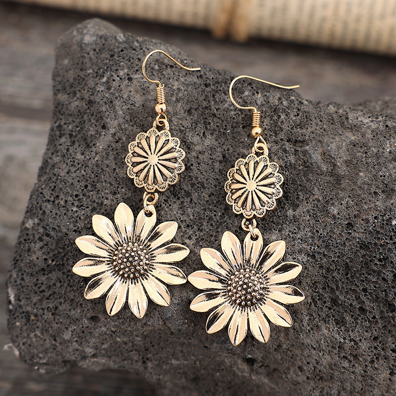 Sunflower Dangle Earrings - Retro Double Daisy Drop Earrings in Gold or Silver