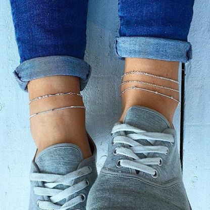 5-Piece Layered Anklet Set - Multi-Chain Stack in Gold, Silver or White Gold