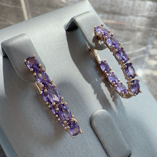 Gemstone Cluster Hoop Earrings - Oval Hoops with Marquise Crystal Row (10 Colors)