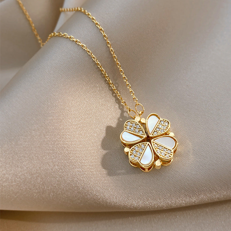 White Enamel Clover Necklace - Four Leaf Pendant with Crystal Accents