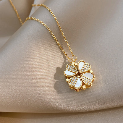 White Enamel Clover Necklace - Four Leaf Pendant with Crystal Accents