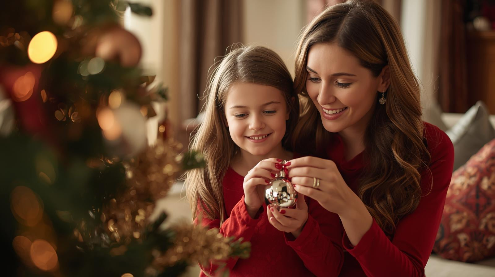 Woman and young girl holding a Christmas ornament in front of a decorated tree.