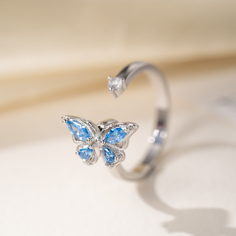 Crystal Butterfly Open Ring - Adjustable Butterfly Ring with Solitaire Stone (Blue or Pink)