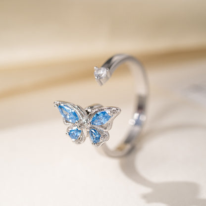 Crystal Butterfly Open Ring - Adjustable Butterfly Ring with Solitaire Stone (Blue or Pink)