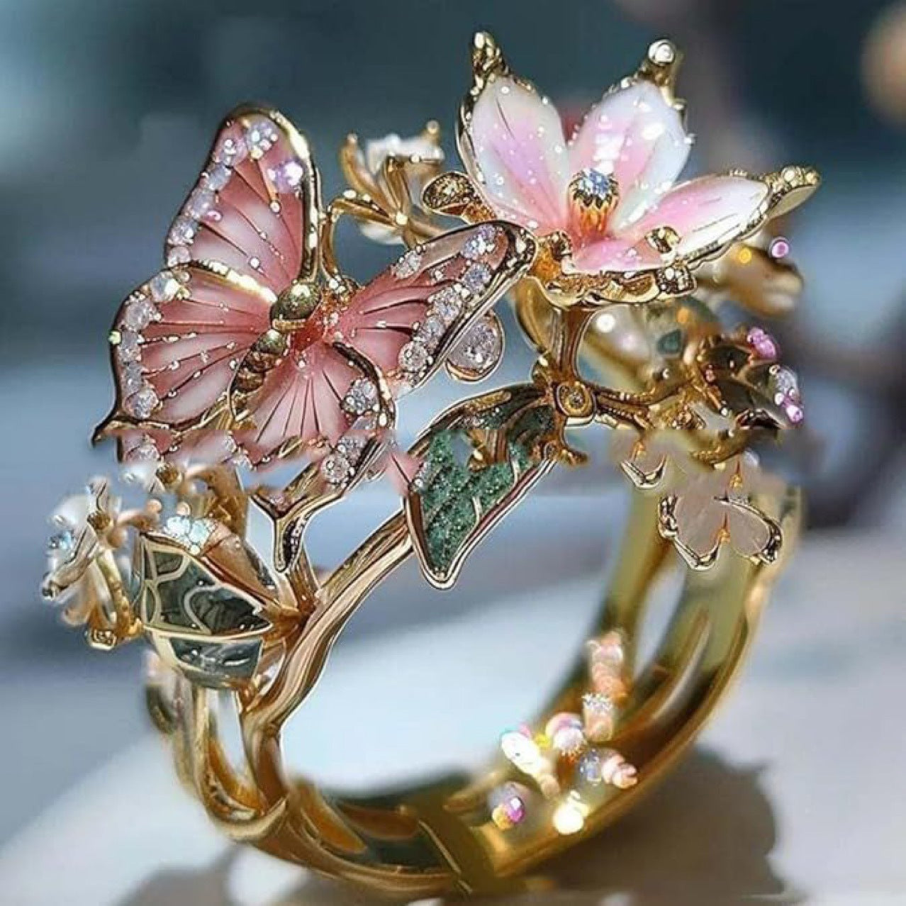Enchanted Butterfly Ring - Colorful Crystal Ring with Floral and Leaf Accent Detail