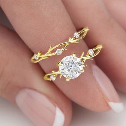 Botanical Ring Set - Gold Leaf Design Band and Solitaire Crystal Ring (2 Pieces)