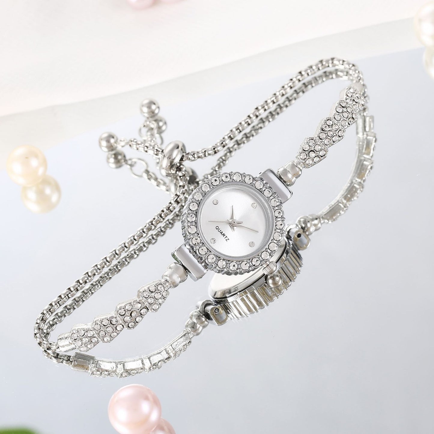 Crystal Bracelet Watch - Double Strand Chain Watch with Round Crystal Face (6 Colors)