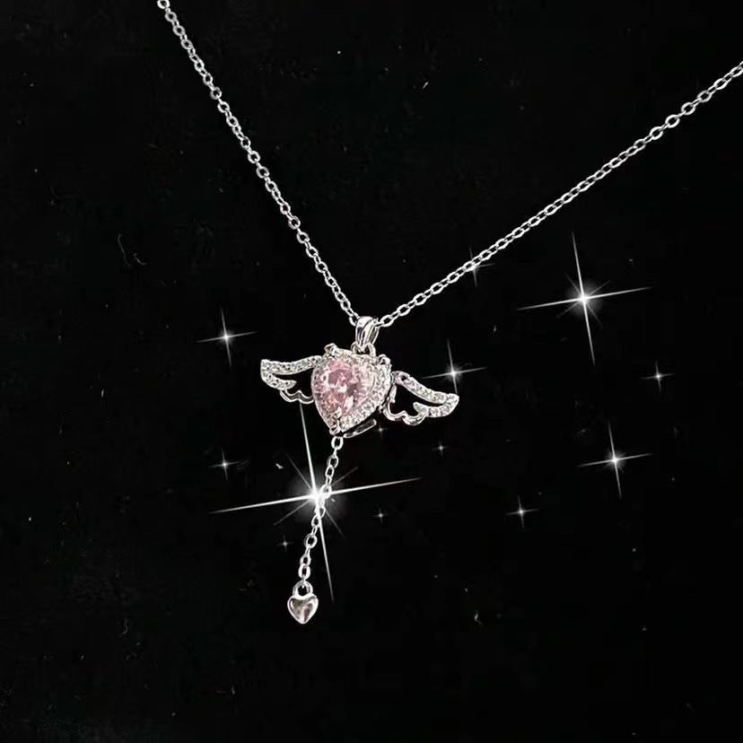 Angel Wing Fluttering Heart Necklace - Silver Cupid Pendant with Pink Crystal and Pearl Drop