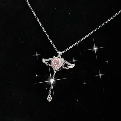 Angel Wing Fluttering Heart Necklace - Silver Cupid Pendant with Pink Crystal and Pearl Drop