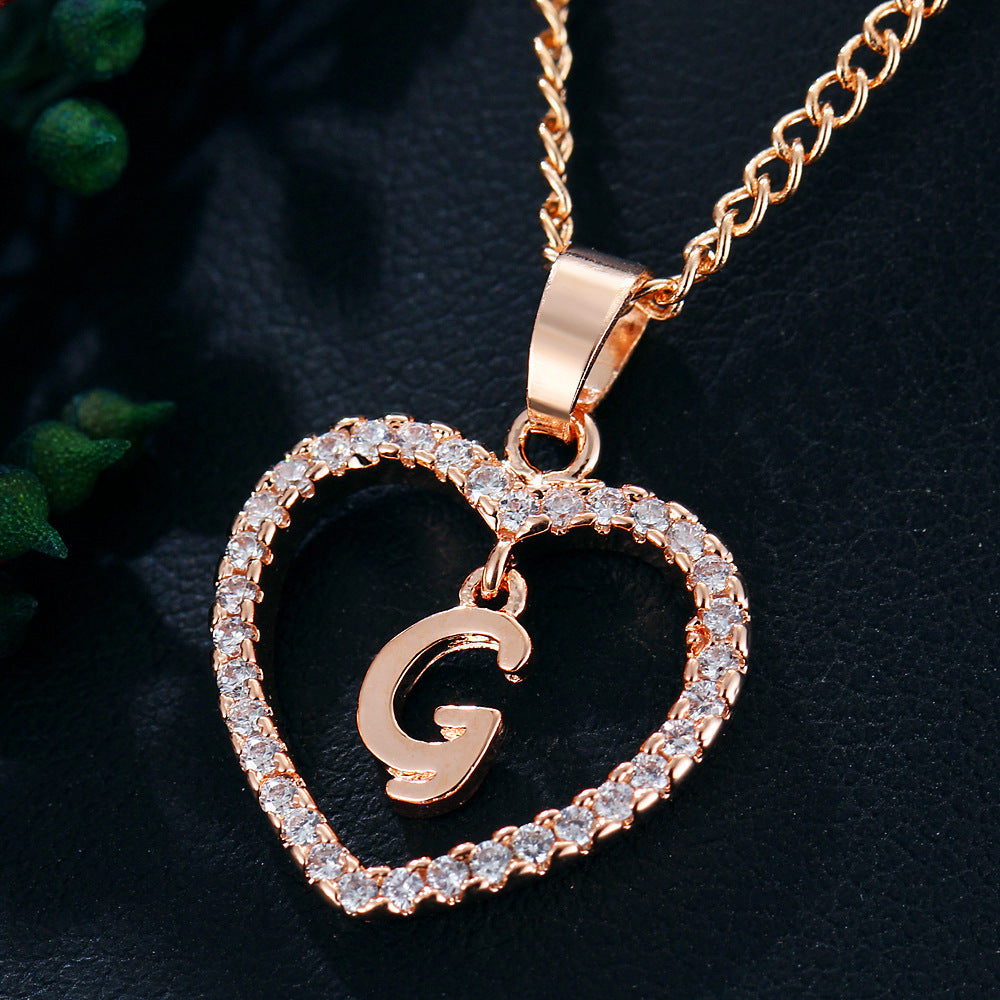 Crystal Heart Initial Necklace - Rose Gold Letter Pendant Necklace with Crystal Border (A-Z)
