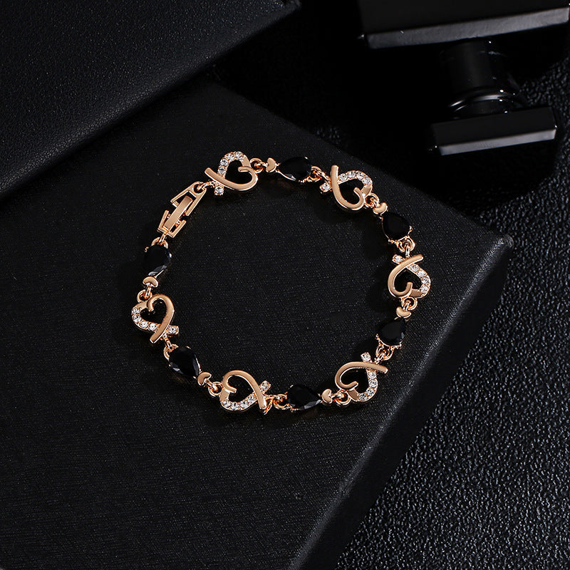 Crystal Heart Link Bracelet - Rose Gold Open Heart Chain with Teardrop Accents