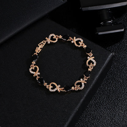 Crystal Heart Link Bracelet - Rose Gold Open Heart Chain with Teardrop Accents