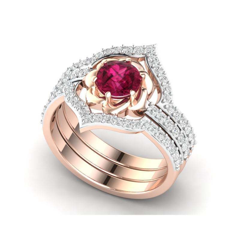 Ruby Halo Ring Set - Rose Gold Multi-Band Ring with Red Crystal Center Stone