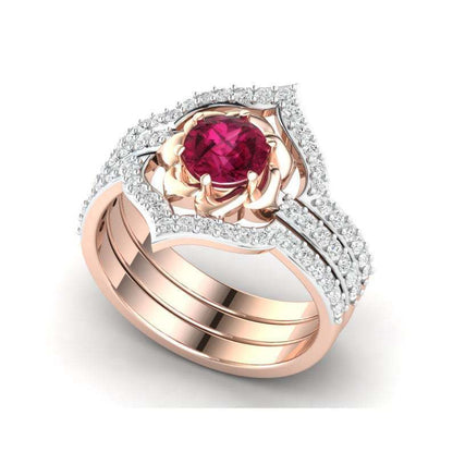Ruby Halo Ring Set - Rose Gold Multi-Band Ring with Red Crystal Center Stone