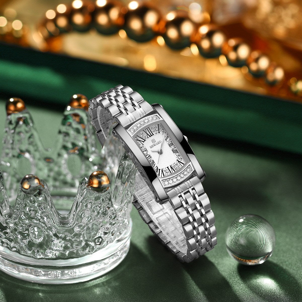 Crystal Rectangle Watch - Elegant Women's Watch with Crystal Bezel and Metal Bracelet (4 Colors)