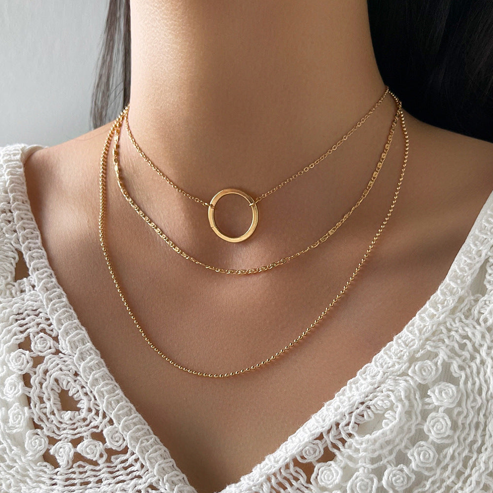 Layered Gold Necklace Set - Triple Chain with Circle Pendant Choker