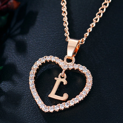 Crystal Heart Initial Necklace - Rose Gold Letter Pendant Necklace with Crystal Border (A-Z)