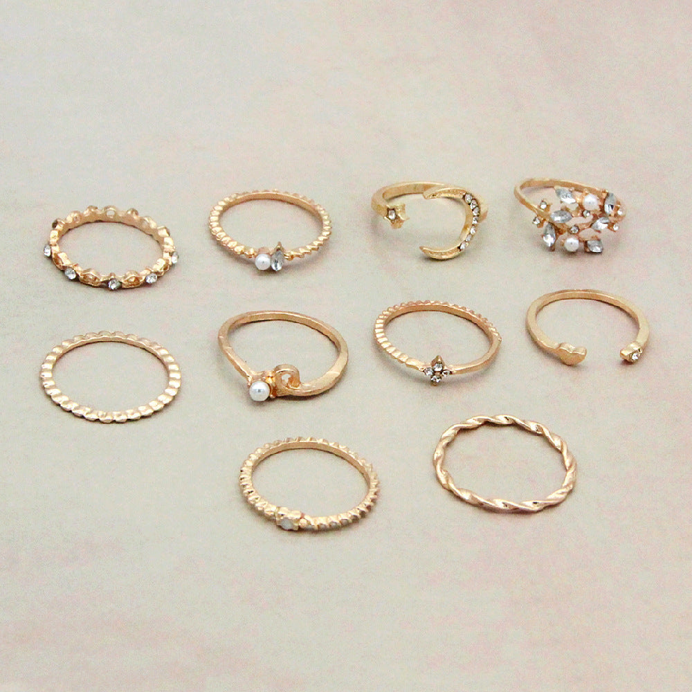 Celestial Ring Set - 10-Piece Gold Stacking Rings with Moon, Star and Crystal Accents