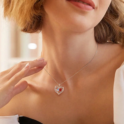 Double Heart Birthstone Necklace - S925 Silver "I Love You" Pendant with Crystal Hearts in Rose Gold