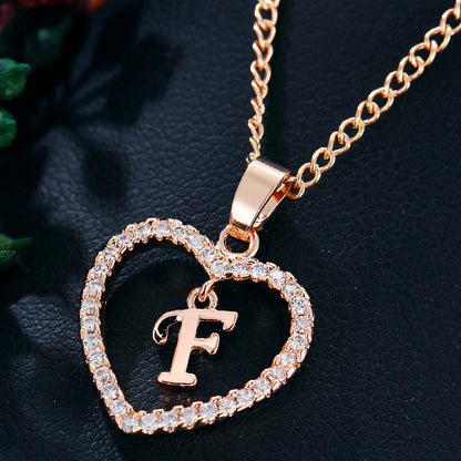 Crystal Heart Initial Necklace - Rose Gold Letter Pendant Necklace with Crystal Border (A-Z)
